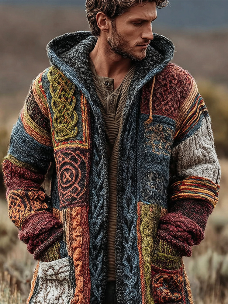 Viking Vintage Geometric Celtic Knot Art Men's Knit Hooded Cardigan