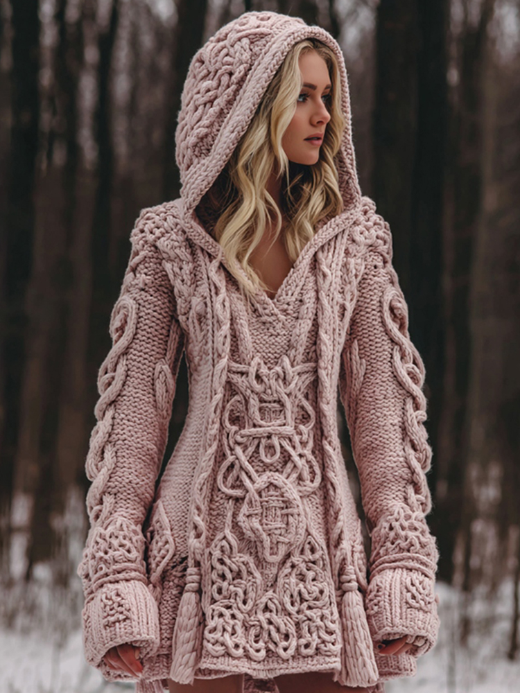 Women's Viking Celtic Knot Rune Knit Jacquard Warm Sweater Hooded Dress