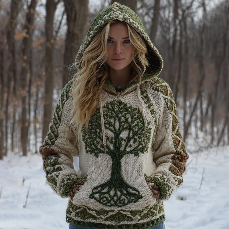 Women's Vintage Tree Of Life Celtic Knot Pattern Cozy Knit Hooded Sweater