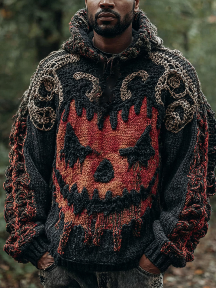 Men's Halloween Devil Smiling Face Vintage Knitted Hooded Sweater
