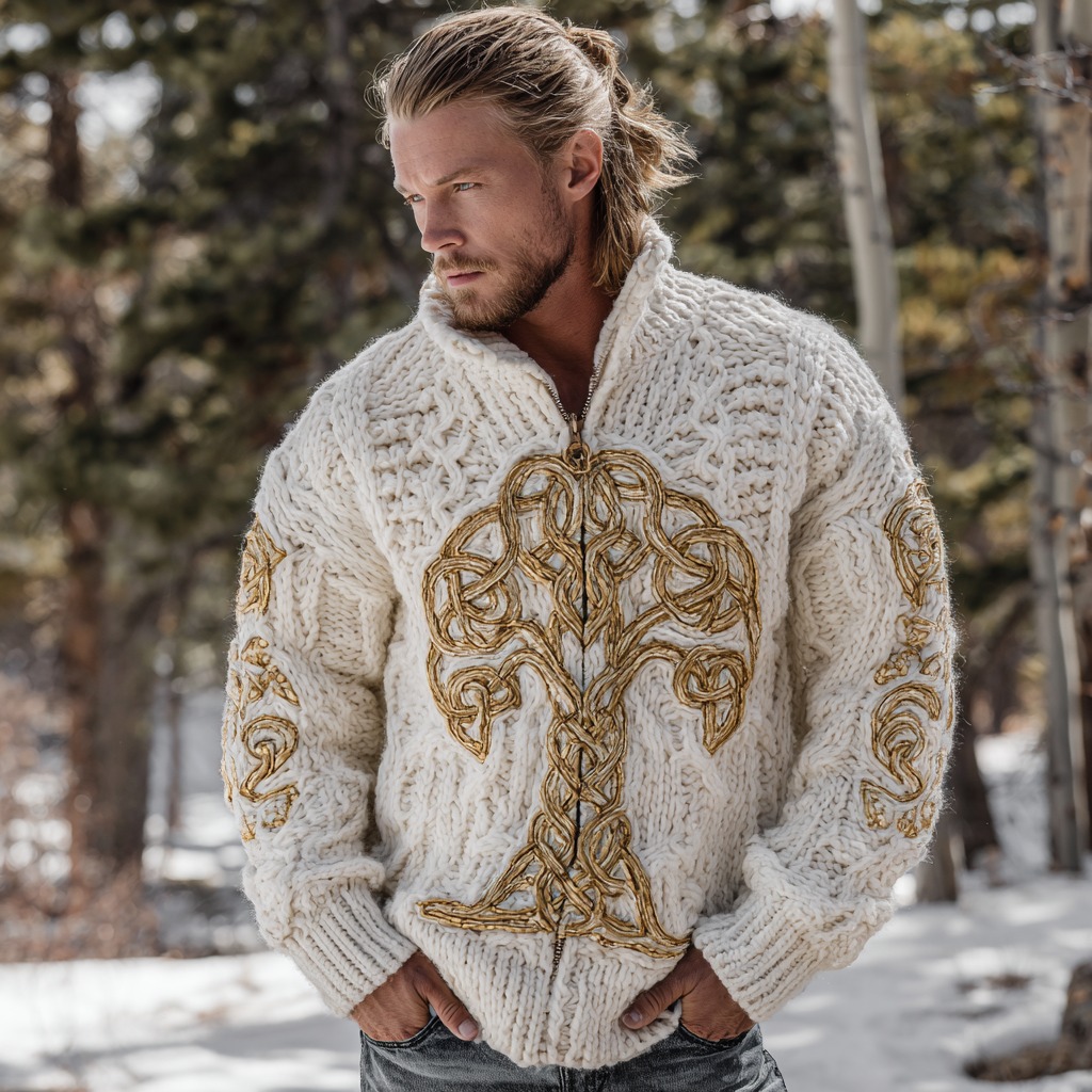 Men's Vintage Viking Tree Of Life Knitted Warm Zipper Sweater Cardigan