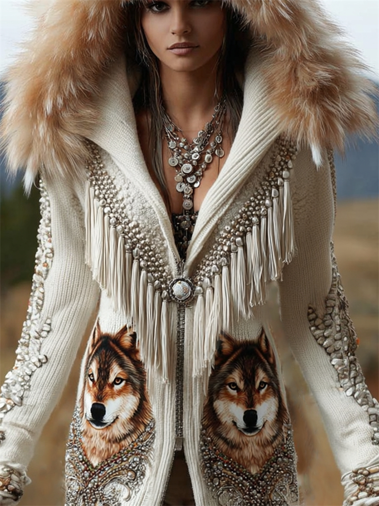 Vintage Western Wolf Ethnic Tassels Fur Trim Cozy Hooded Cardigan