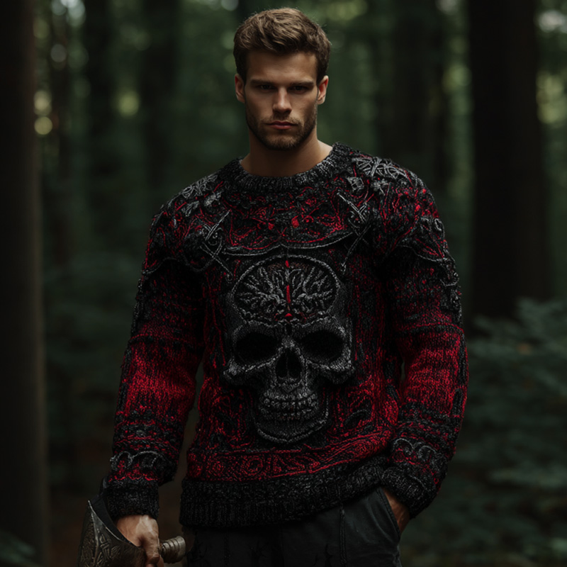 Men's Vintage Halloween Skull Viking Art Knit Sweater