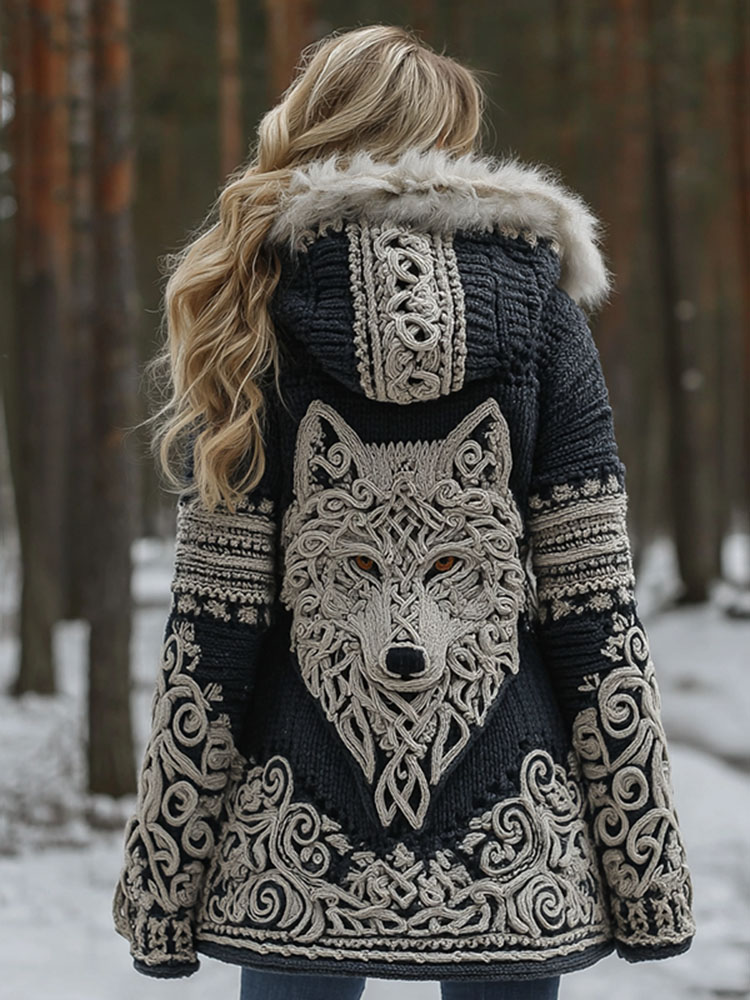 Women Viking Wolf Celtic Knot Art Cozy Fur Collar Hooded Cardigan