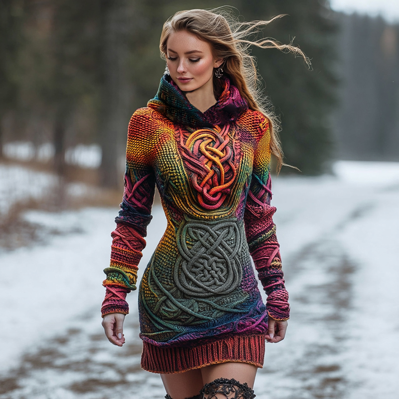 Women's Viking Celtic Knot Irish Rainbow Art Cozy Knit Mini Hooded Sweater Dress