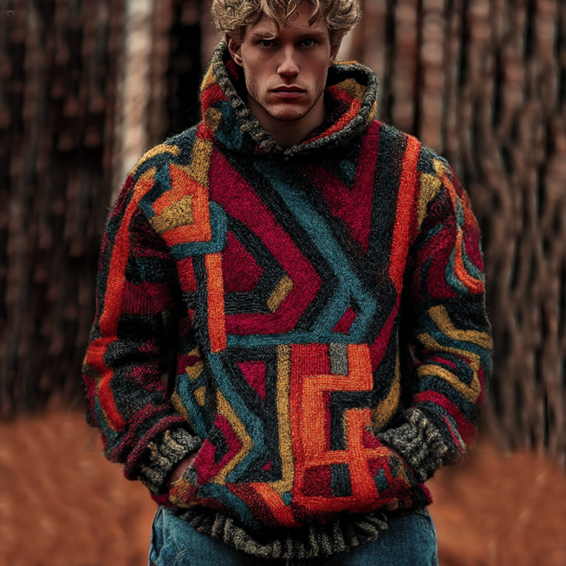 Men's Retro Geometric Line Embroidered Hooded Sweater