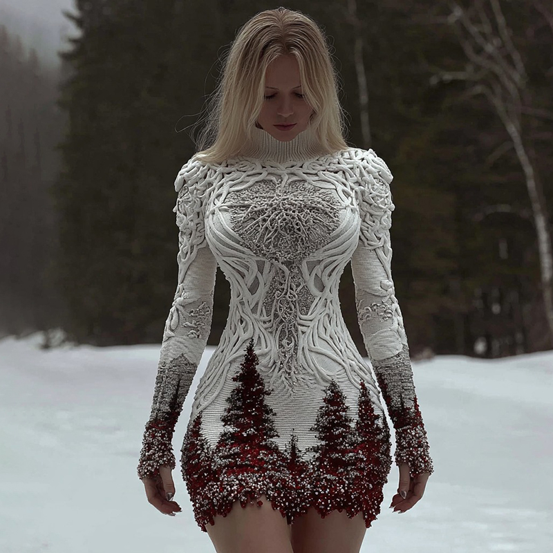 Women's Christmas Tree Forest Celtic Knot Jacquard Knit Turtleneck Mini Sweater Dress