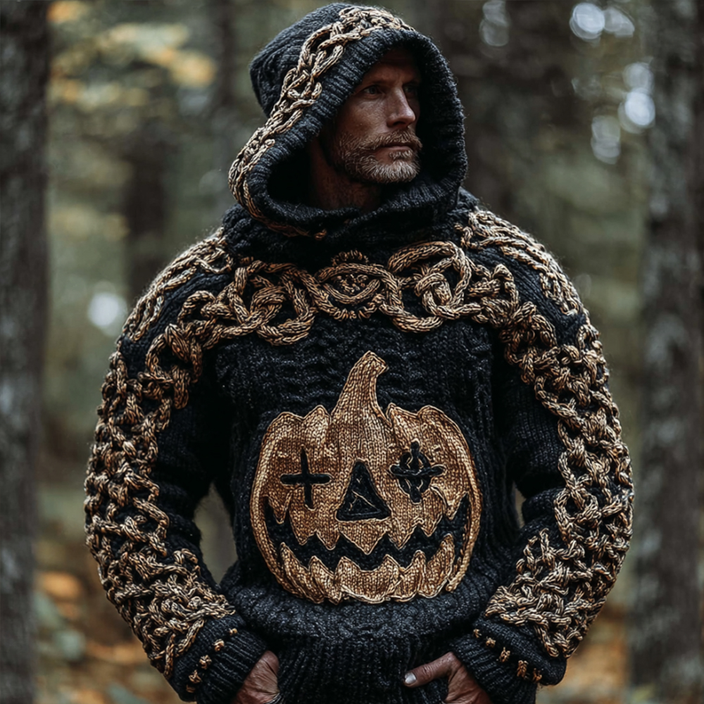 Men's Viking-style Evil Pumpkin Embroidery Hooded Sweater