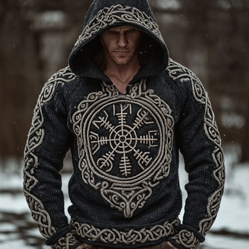 Men's Viking Inspired Vintage Chunky Knit Hooded Sweater