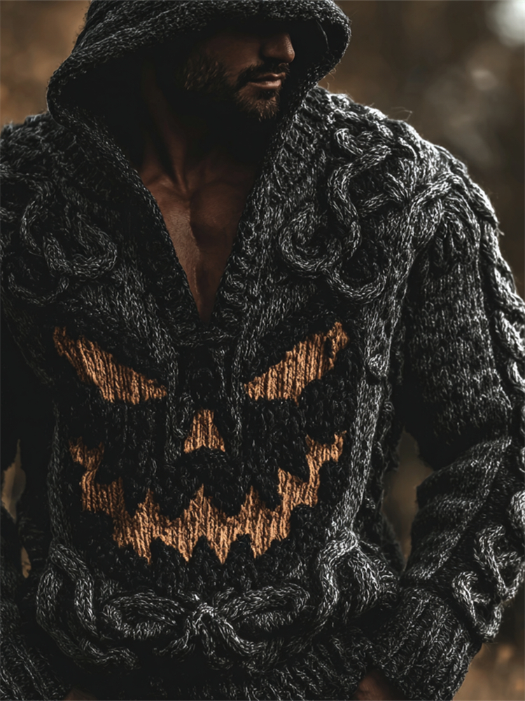 Men's Halloween Pumpkin Face Celtic Cozy Knit Hooded Sweater