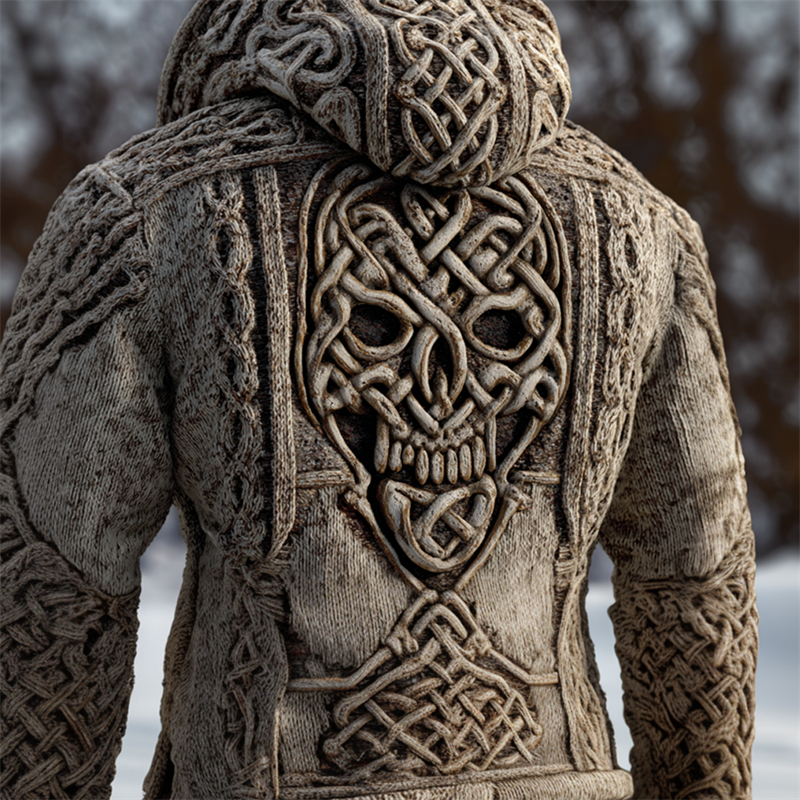 Men's Viking Celtic Skull Cozy Chunky Hooded Sweater