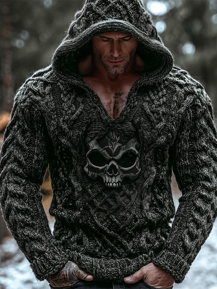 Viking Evil Skull Vintage Men's Chunky Knit Twist Hooded Sweater