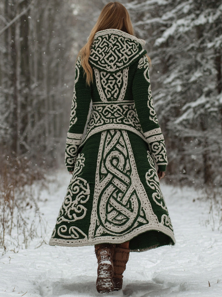 Women's Vintage Viking Celtic Knot Pattern Knit Hooded Long Sweater Coat