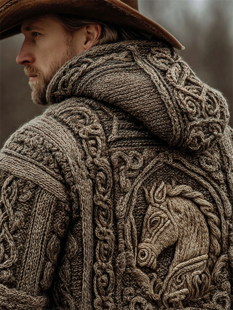 Men's Vintage Horse Crochet Celtic Cozy Knit Hooded Sweater