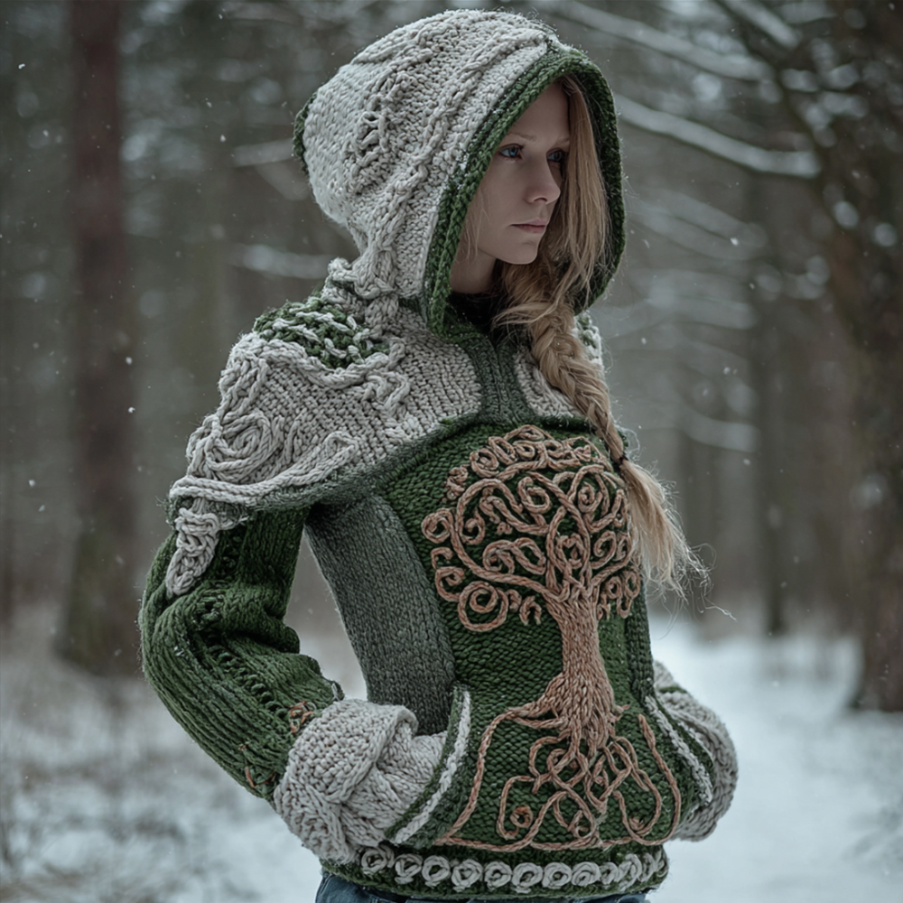 Women's Viking Style Tree Of Life Irish Coarse Needle Green Sweater