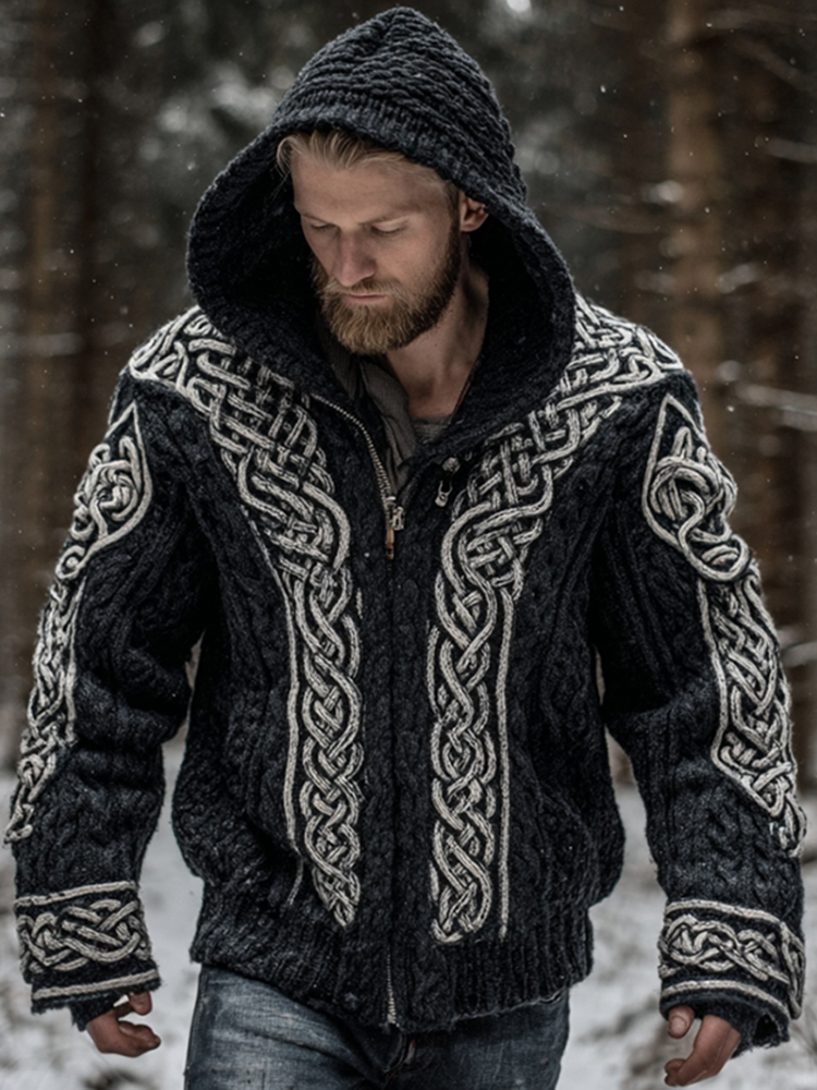 Men's Vintage Viking Celtic Knot Art Zip-up Chunky Knit Hooded Cardigan