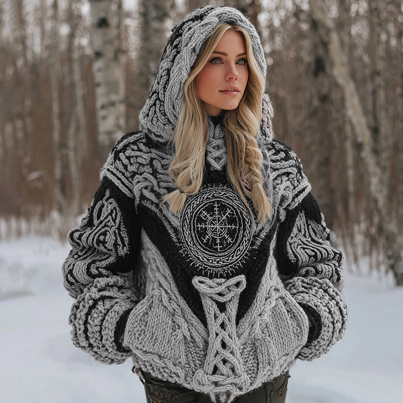 Women's Viking Celtic Knot Vegvisir Rune Knit Hooded Sweater