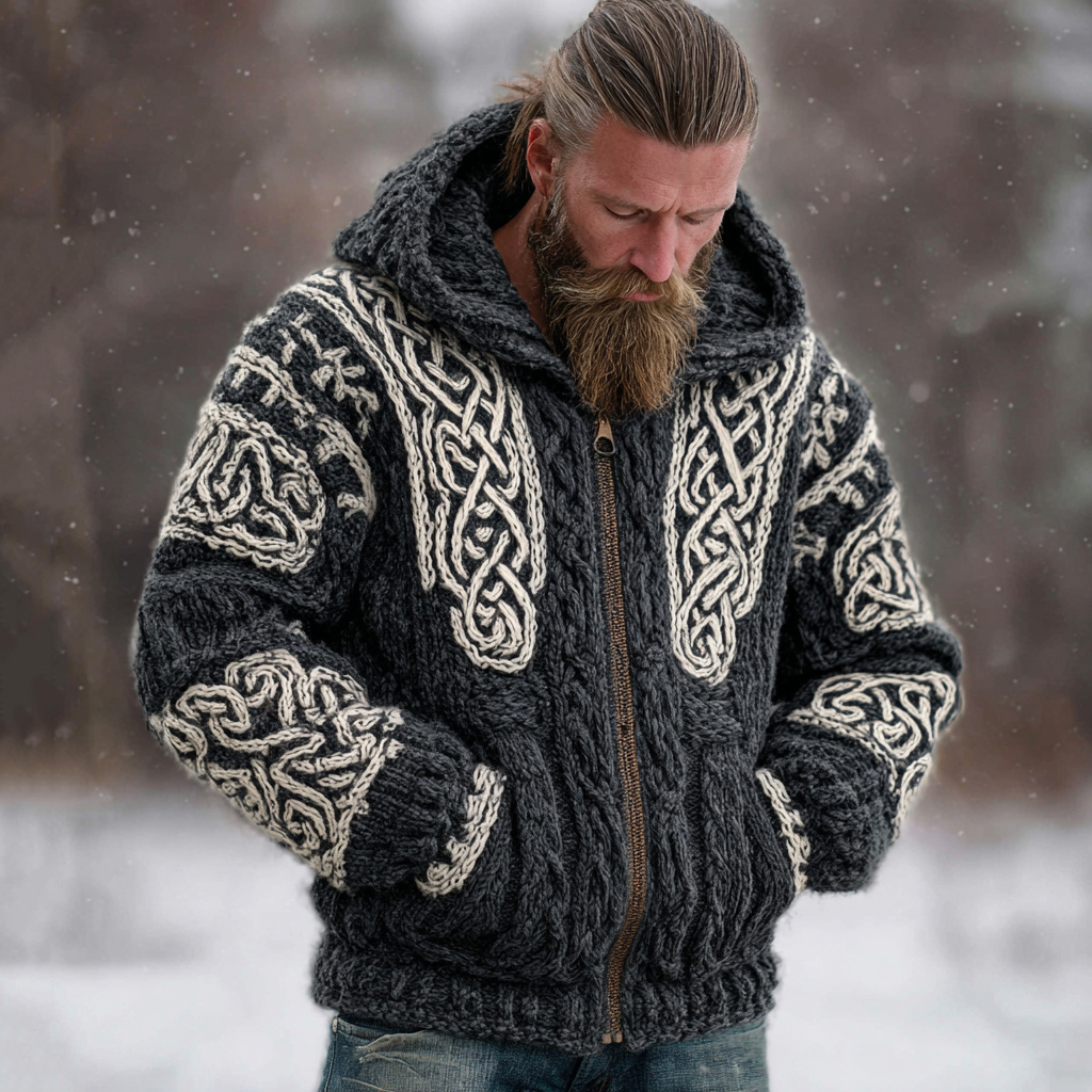 Men's Celtic Knot Chunky Knit Warm Zip-up Hooded Sweater