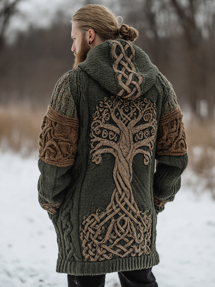 Men's Retro Tree Of Life Celtic Knot Art Jacquard Chunky Knitted Cozy Hooded Cardigan