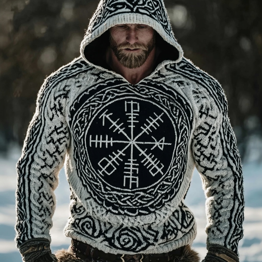 Men's Viking Compass Vegvisir Chunky Hooded Sweater
