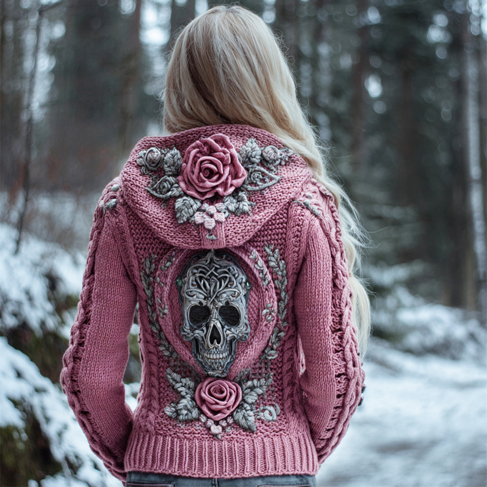 Viking Skull & Floral Knit Art Women's Hooded Sweater