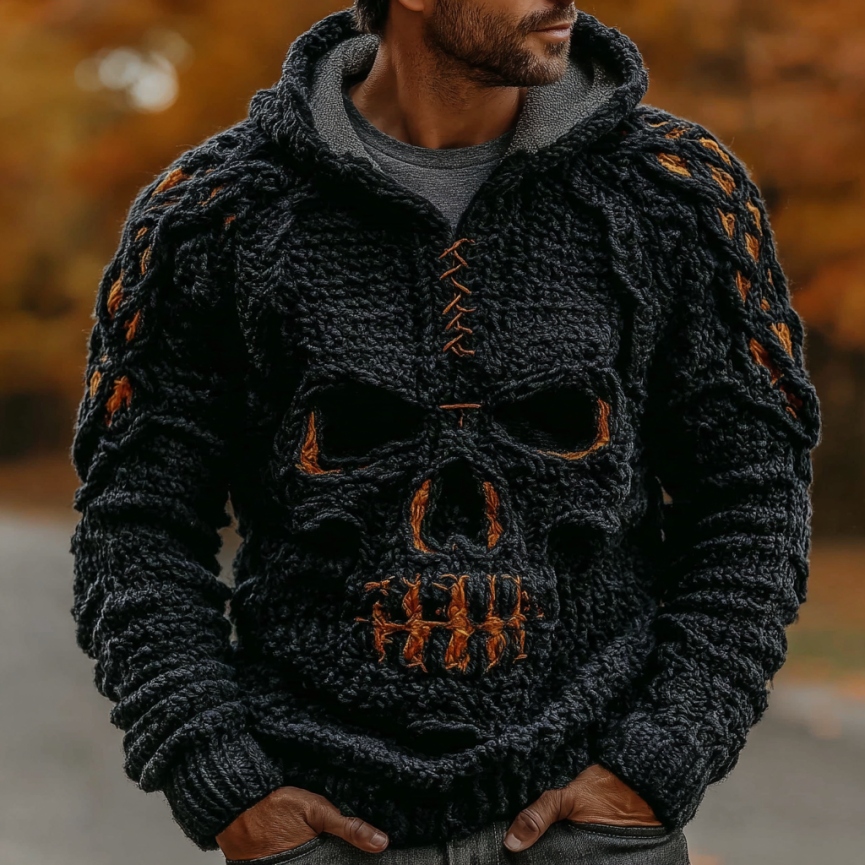Men's Halloween Celtic Skull Art Knitted Cozy Hooded Sweater