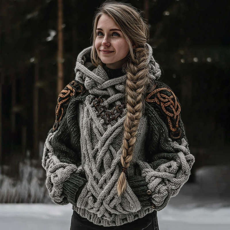 Women's Vintage Celtic Knot Art Knit Color Block Cozy Hooded Sweater