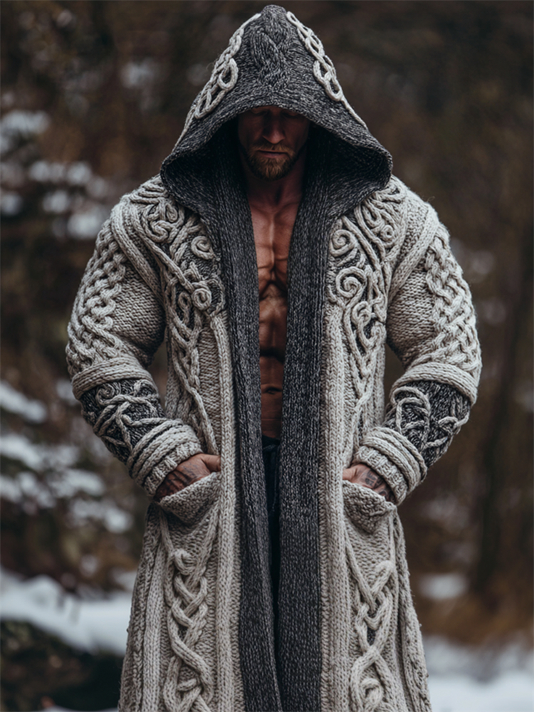 Men's Viking Celtic Contrast Chunky Cozy Hooded Long Cardigan