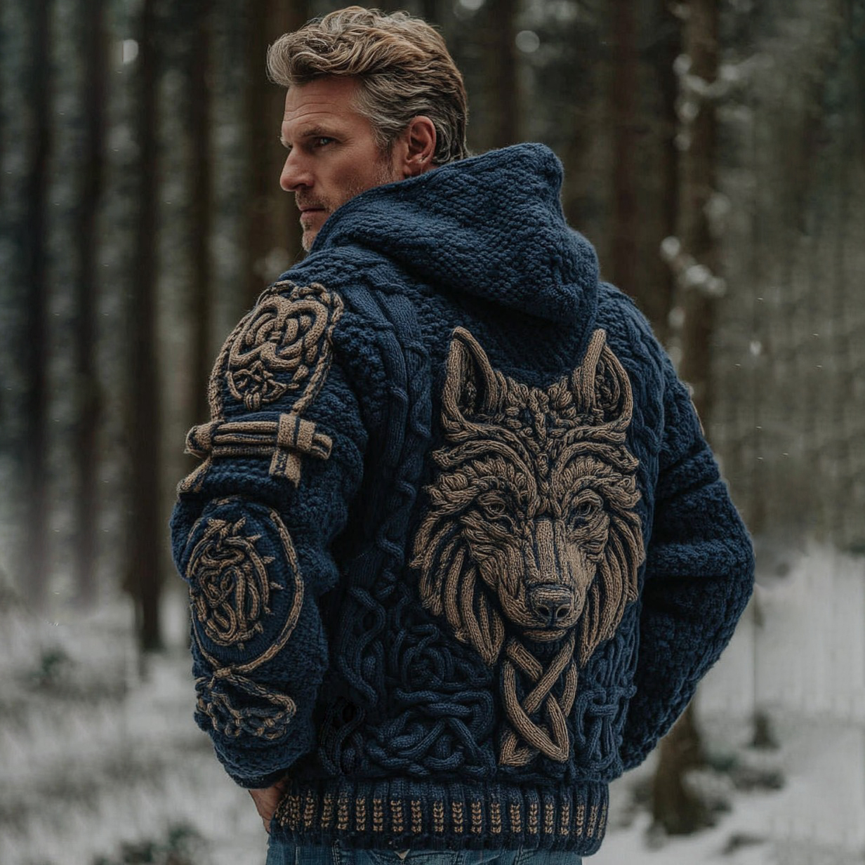 Men's Viking Wolf Celtic Pattern Art Cozy Knit Zipper Hooded Sweater