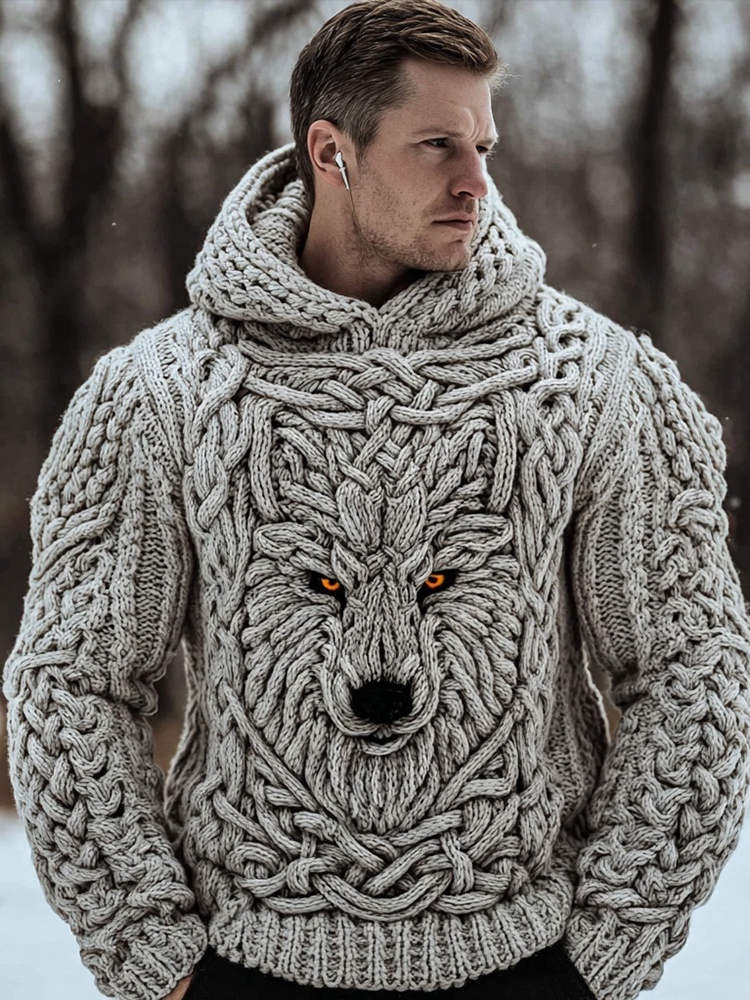 Men's Viking Celtic Wolf Knit Chunky Hooded Sweater