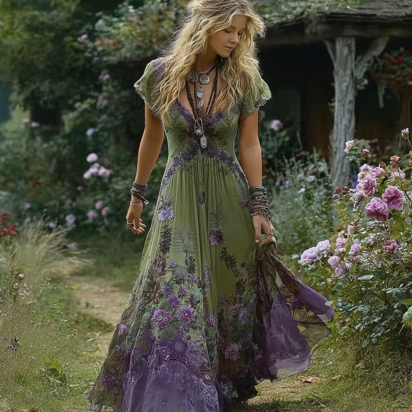 Women's Vintage Gradient Violet Floral Casual V-neck Dress