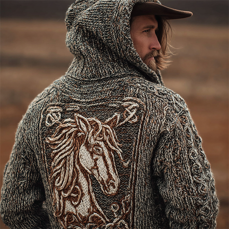Men's Vintage Horse Celtic Cozy Knit Hooded Sweater