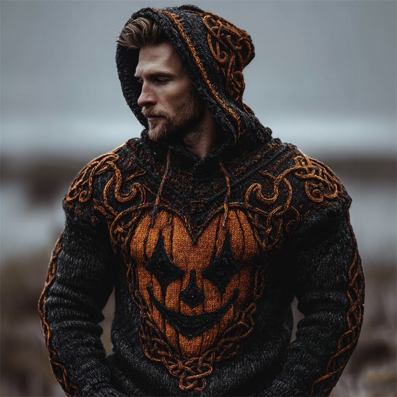 Halloween Evil Clown Pumpkin Celtic Cozy Chunky Hooded Sweater