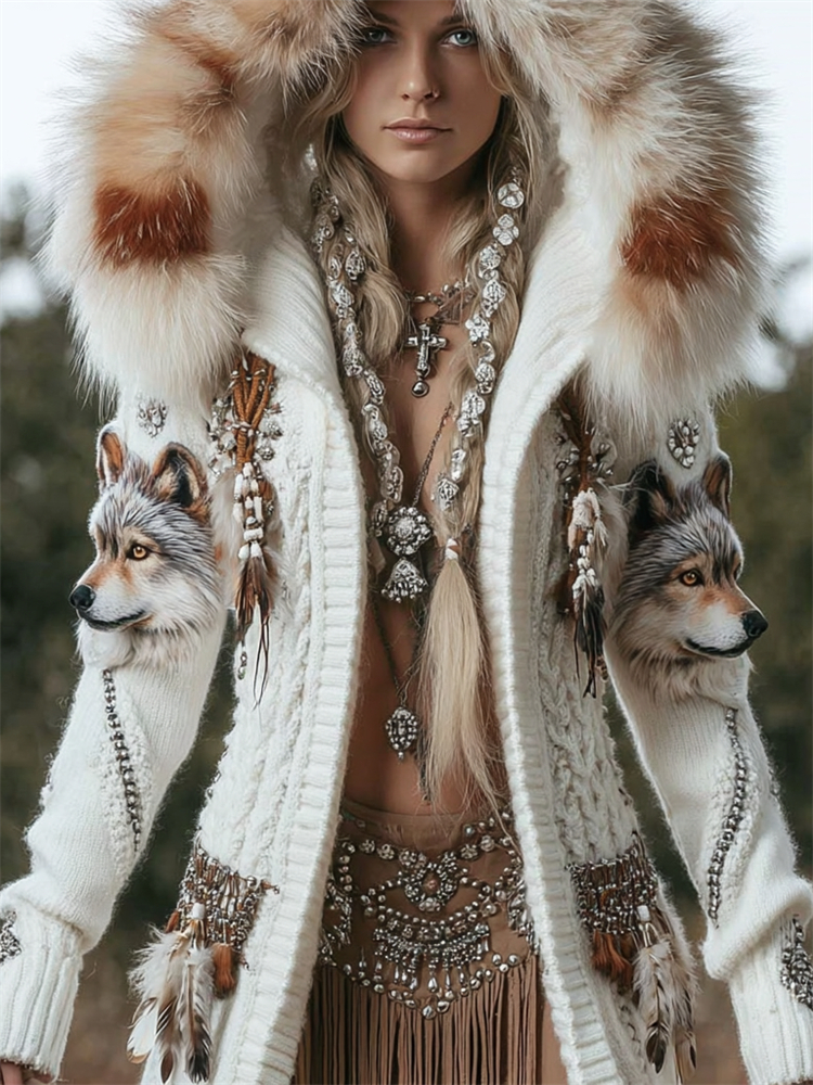Vintage Wolf Western Feathers Fur Trim Cozy Hooded Cardigan