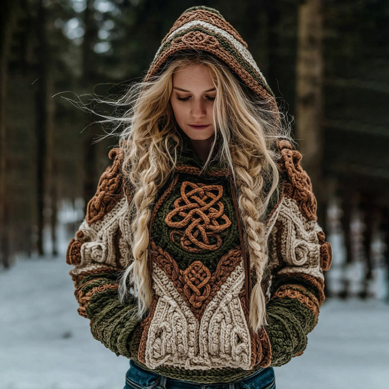 Women's Vintage Viking Celtic Knot Knit Hooded Sweater