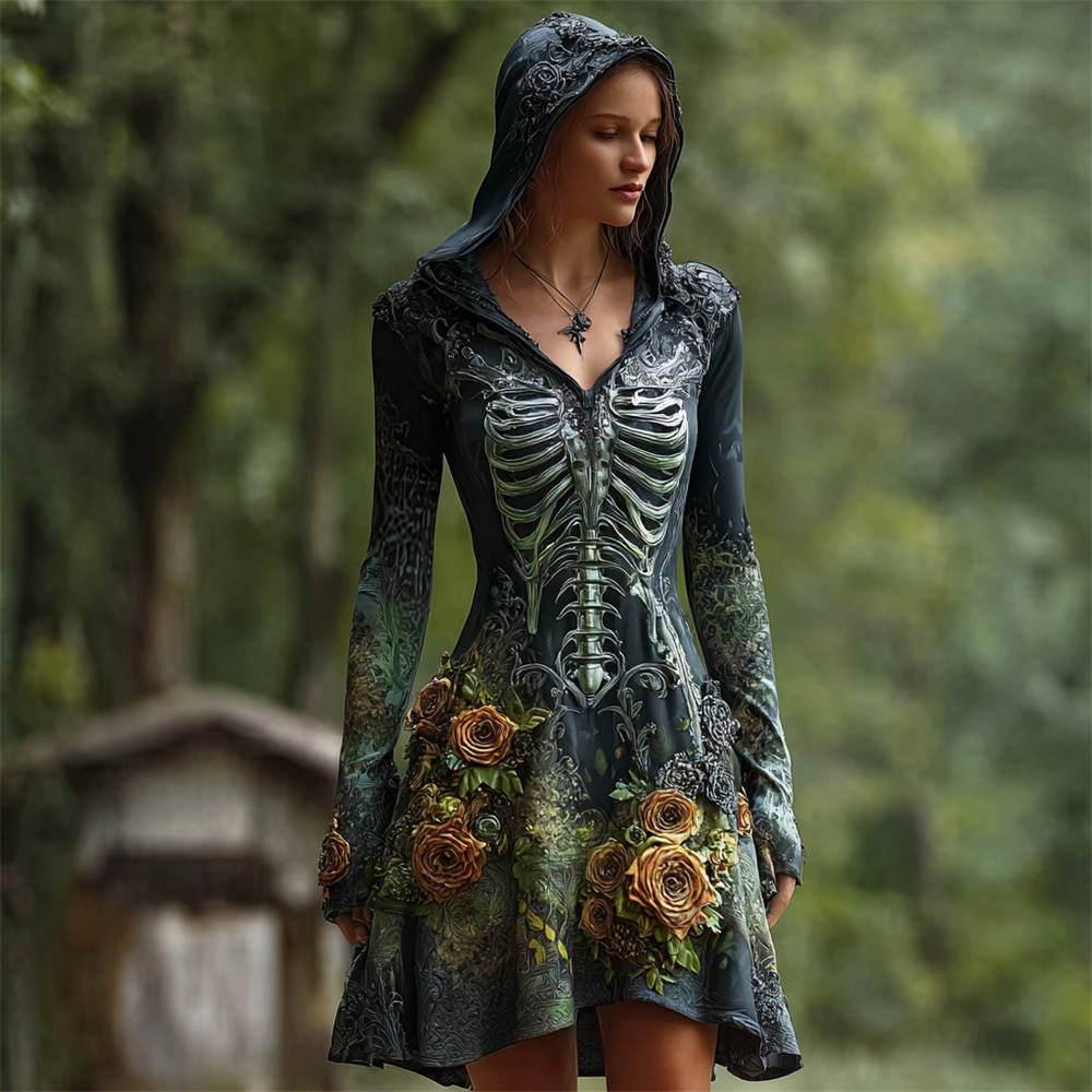 Halloween Vintage Rose Skeleton Dark Art Women's Hooded Mini Dress
