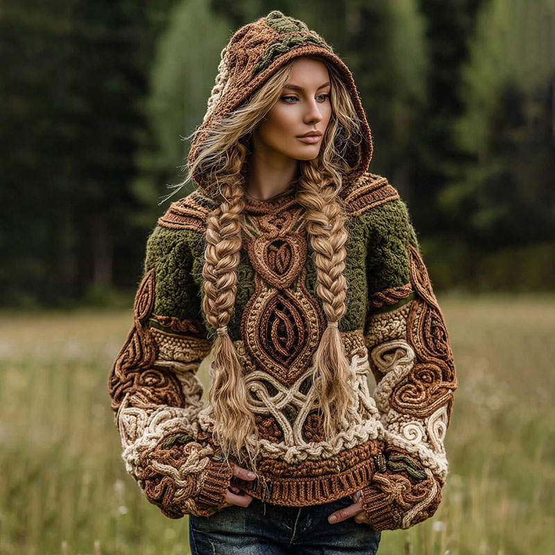 Women's Vintage Celtic Knot Jacquard Knit Hooded Sweater