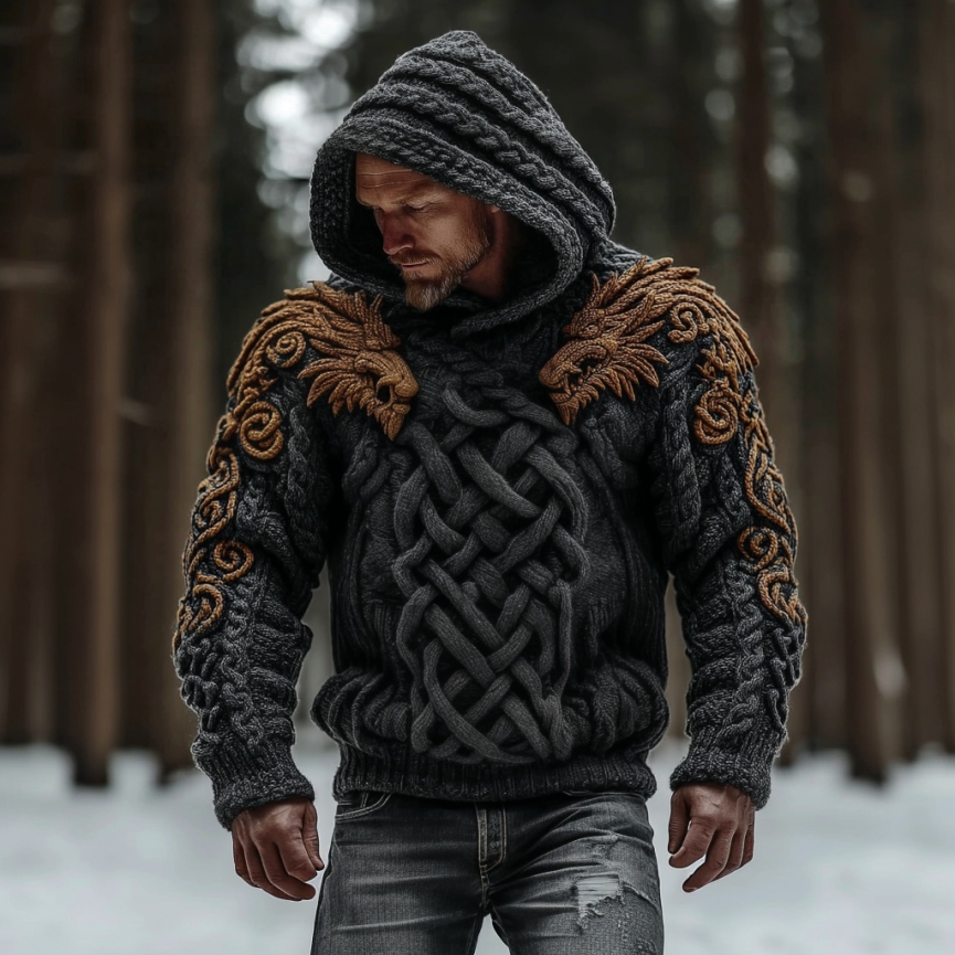 Men's Vintage Viking Dragon Celtic Art Knit Hooded Sweater