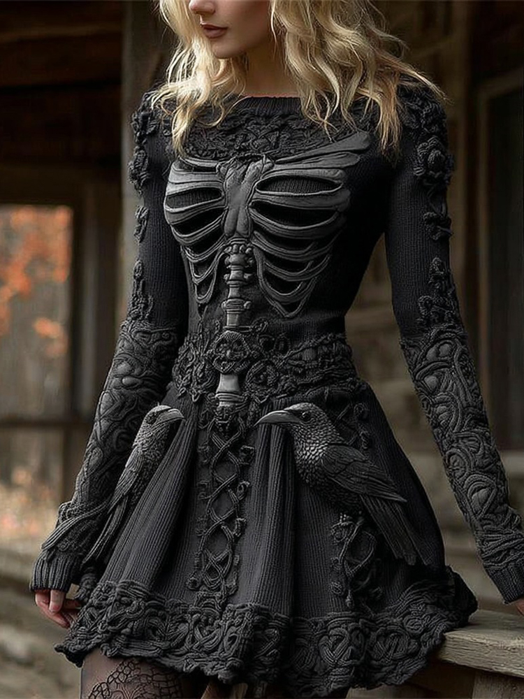 Women's Halloween Viking Raven Celtic Knot Skeleton Knit Mini Sweater Dress