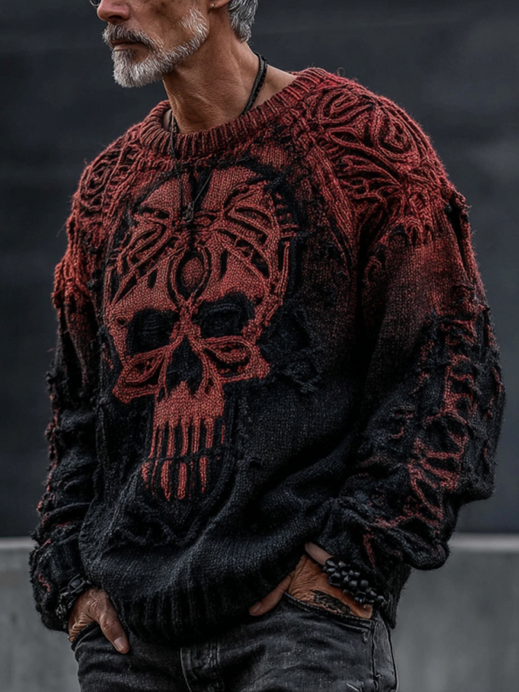 Men's Halloween Skull Gradient Cozy Knit Pullover Sweater