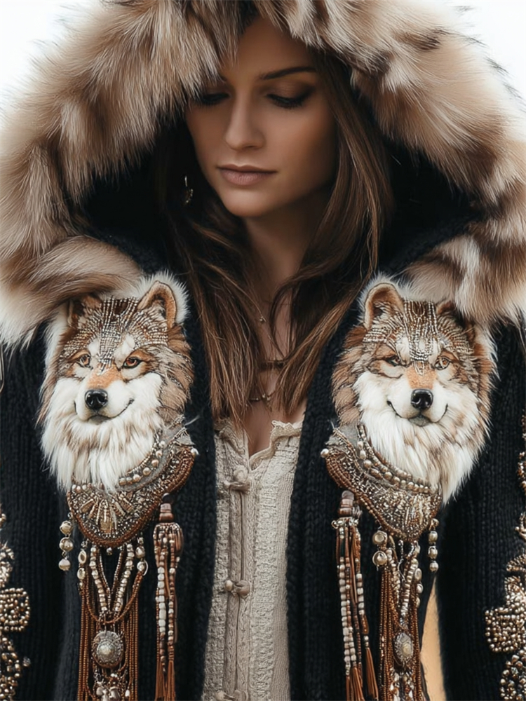 Vintage Western Wolf Ethnic Beaded Fur Trim Cozy Hooded Cardigan