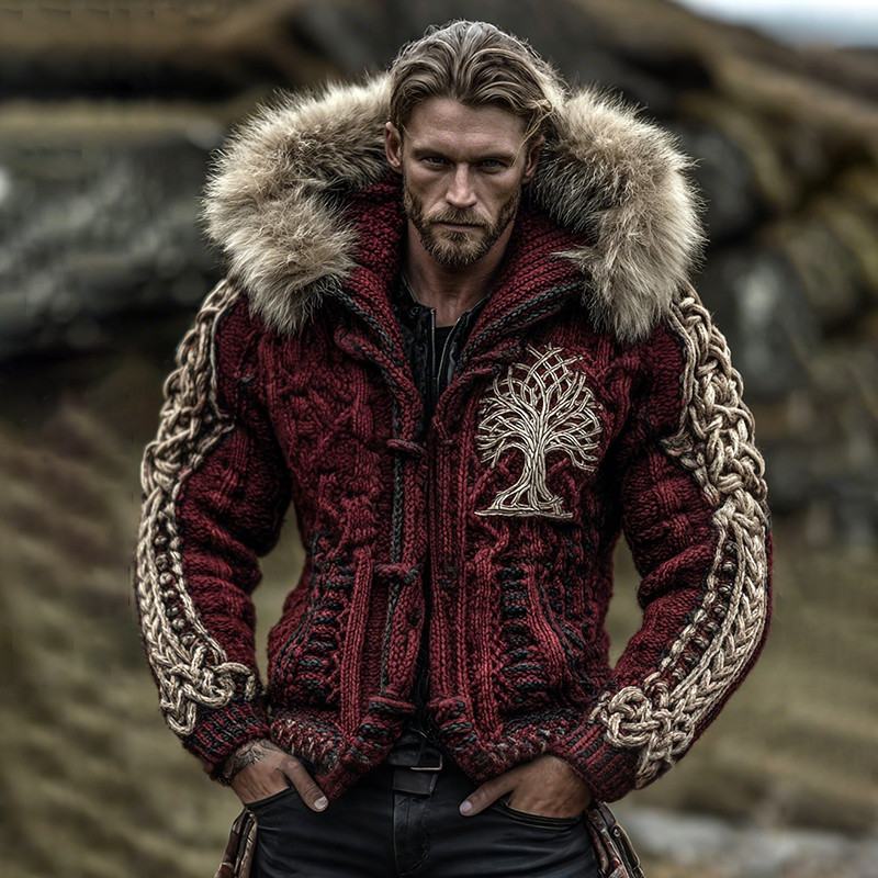 Men's Viking Life Of Tree Celtic Knot Art Warm Christmas Knit Hooded Jacket