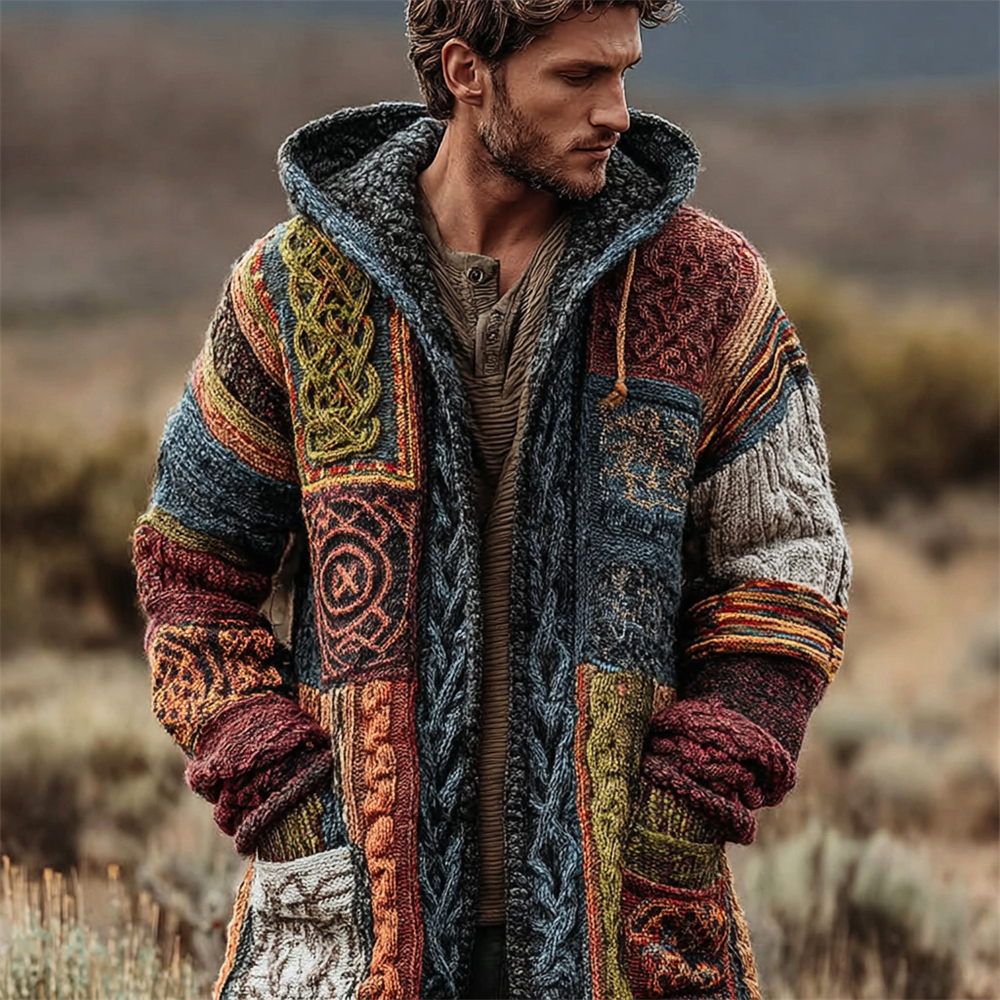 Viking Vintage Geometric Celtic Knot Art Men's Knit Hooded Cardigan