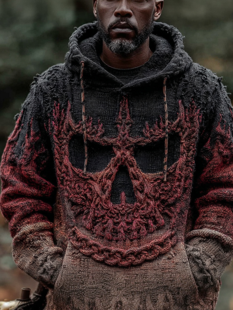 Halloween Skull Gradient Vintage Knitted Hooded Sweater