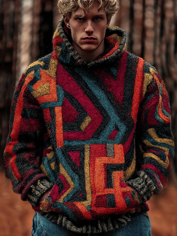 Men's Retro Geometric Line Embroidered Hooded Sweater