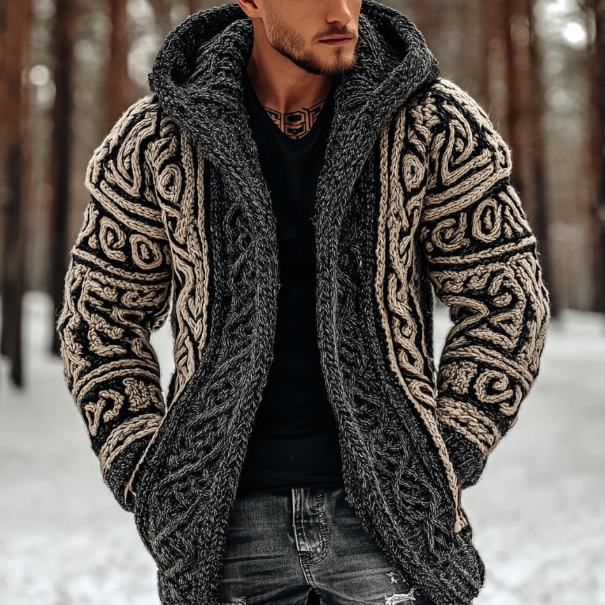 Men's Viking Celtic Pattern Art Cozy Knit Hooded Cardigan
