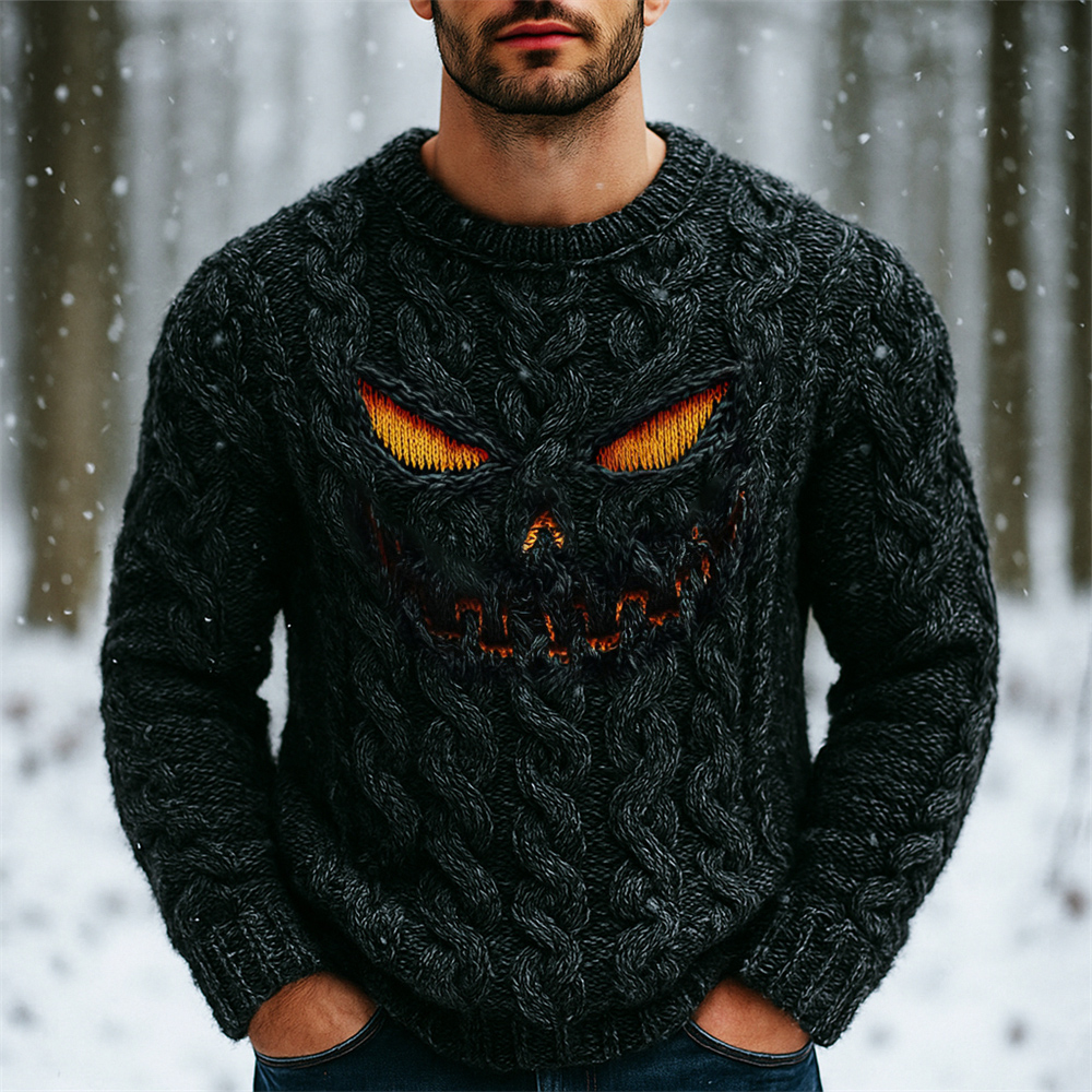 Halloween Evil Pumpkin Emoji Men's Chunky Knit Crewneck Sweater