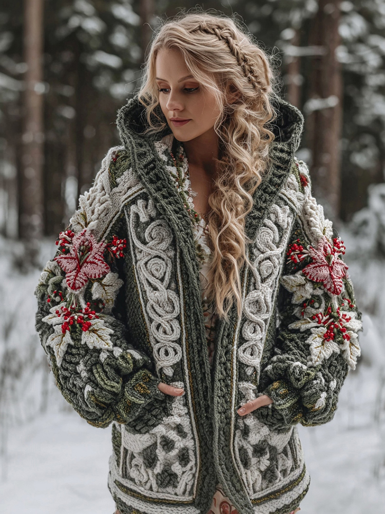 Women's Celtic Knot Christmas Flower Jacquard Button Chunky Hooded Sweater