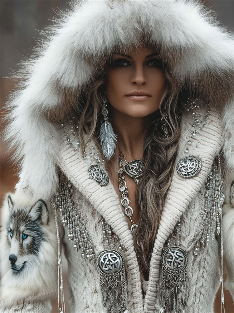 Vintage Western Wolf Beaded Tassels Fur Trim Hooded Cardigan