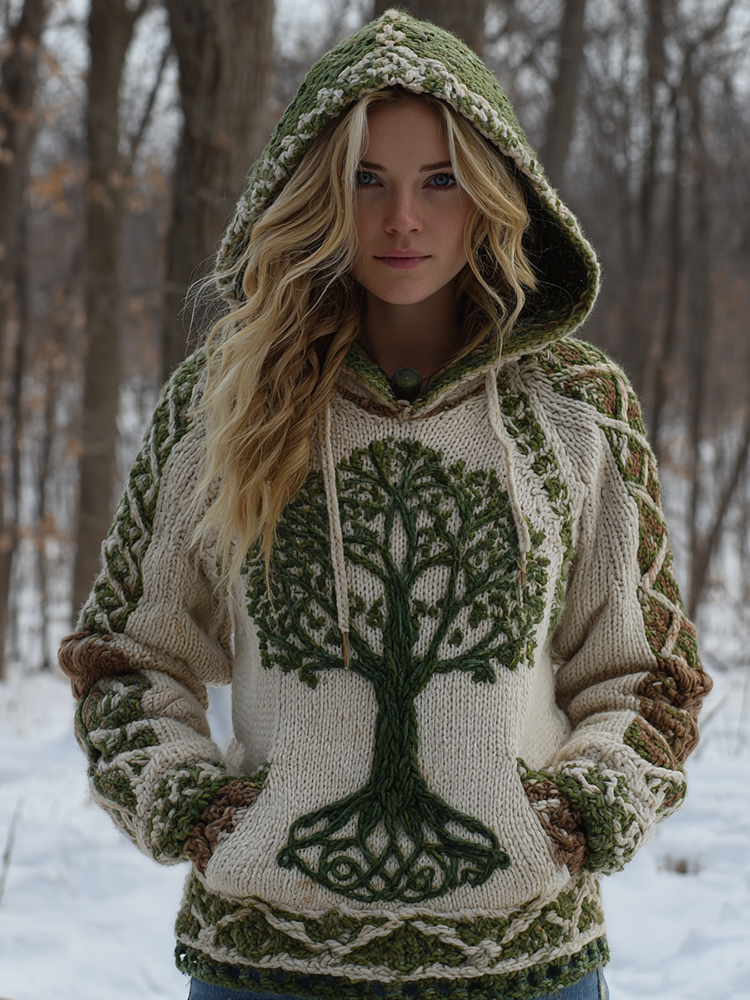 Women's Vintage Tree Of Life Celtic Knot Pattern Cozy Knit Hooded Sweater